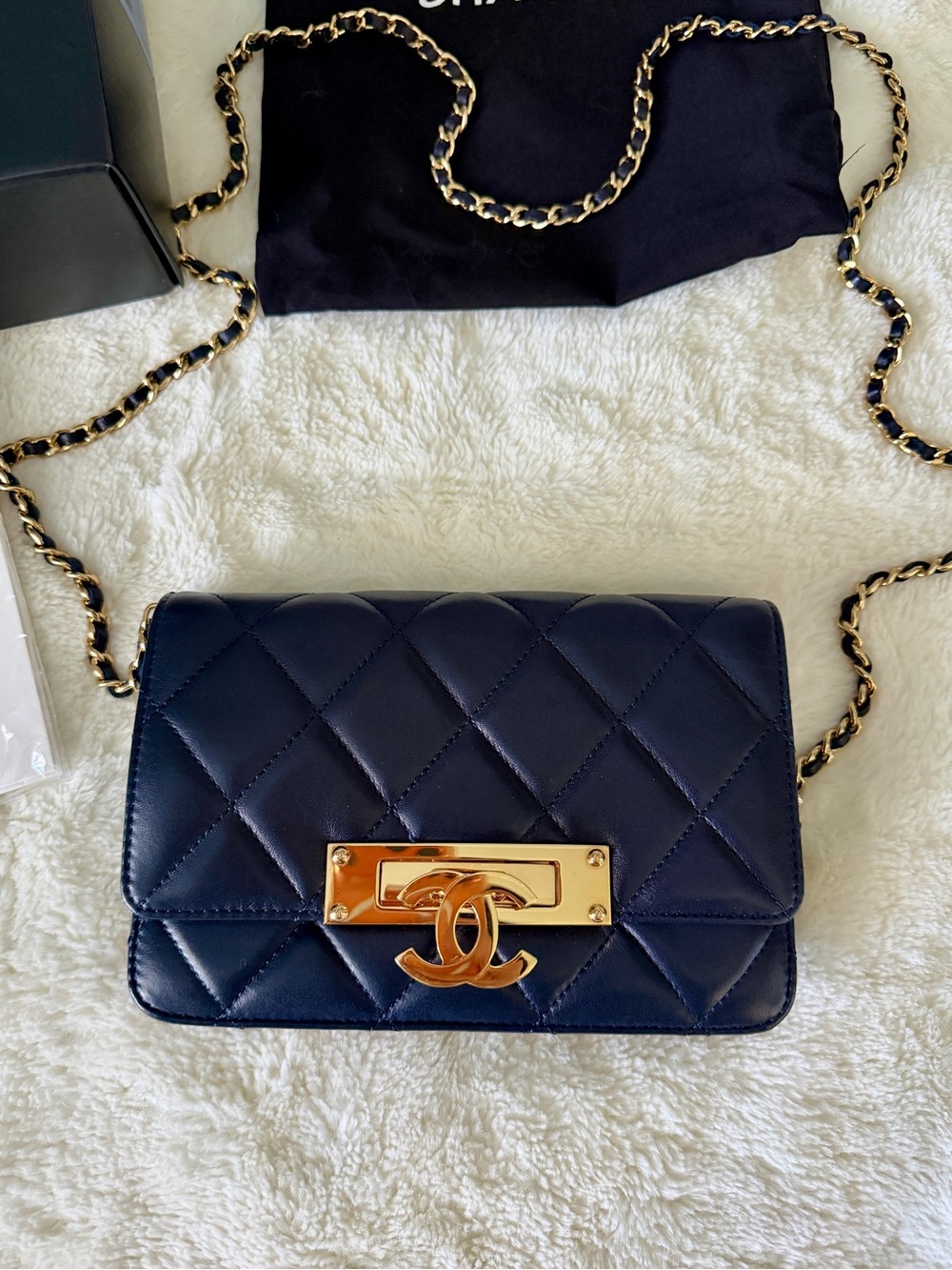 CHANEL Navy Quilted Wallet on Chain with Gold Chain & CC Lock